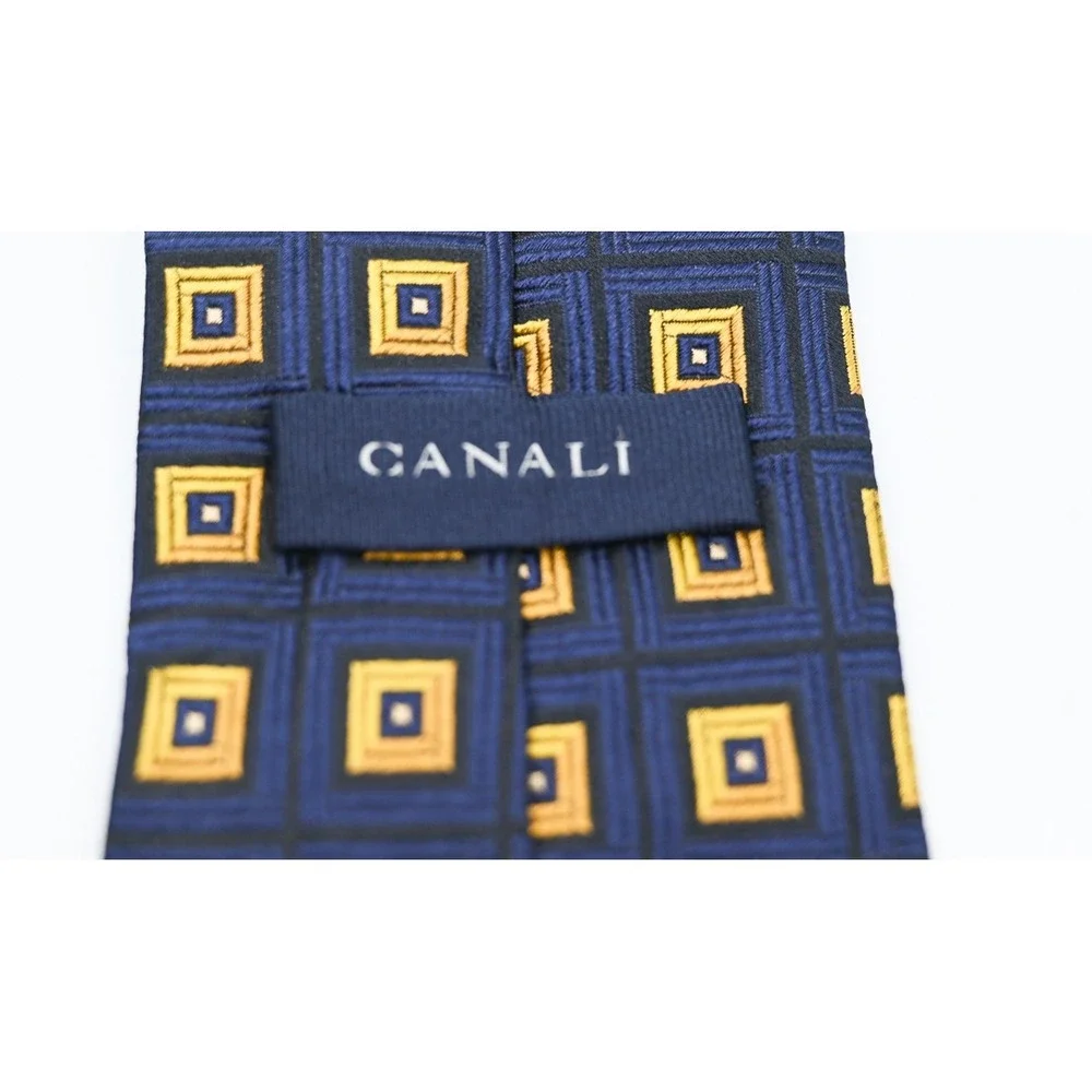 Canali Mens Silk Tie Navy Blue Gold Geometric Square Pattern Made in Italy